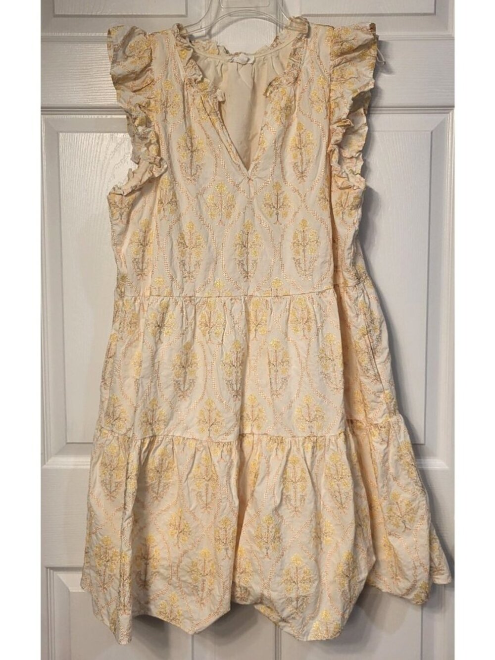 Womens A Loves A V-neck Tiered Cream Yellow Mini Dress XL Embroider Ruffle Boho